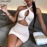 halter ruched bodycon dress cut out backless sexy dresses women summer 2021 mini party night club dress orange black white