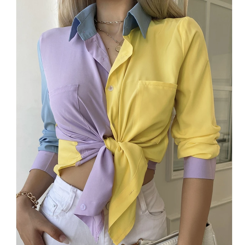 

Женская блузка с лацканами, Повседневная рубашка в стиле пэчворк, лето 2021