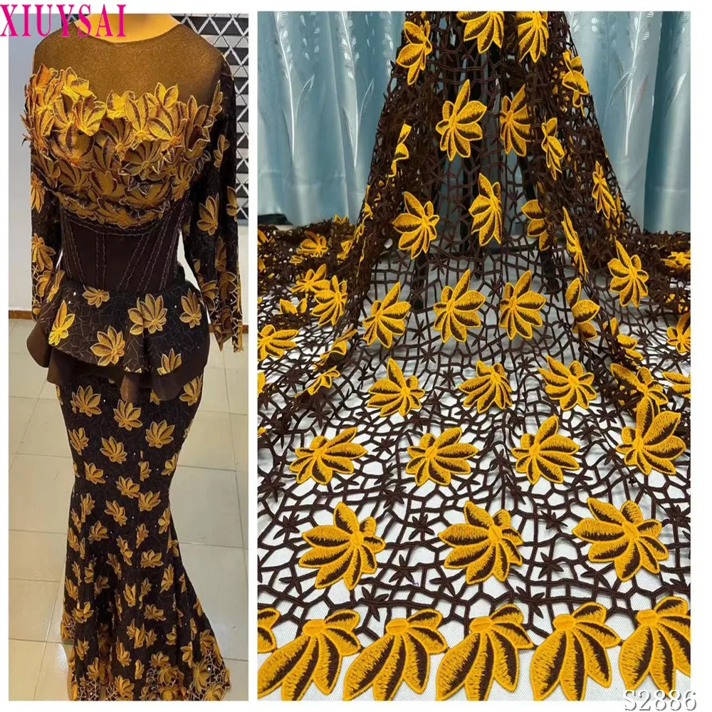 

latest african guipure lace water soluble chemical lace fabric,High Quality african cord lace For Wedding latest african brown