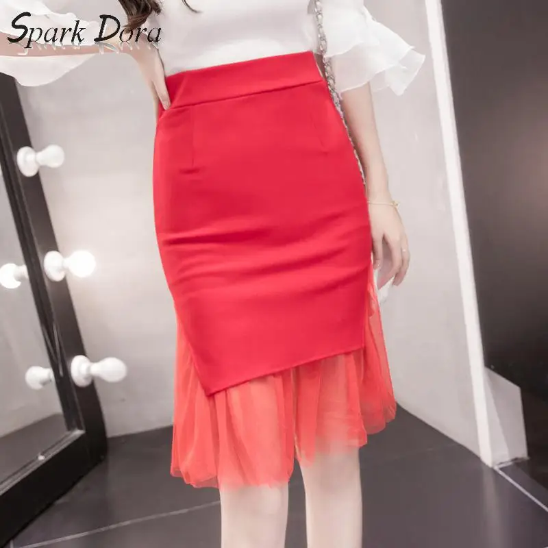 

SparkDora 2020 Spring New High Waist Skirt Mesh Splicing Show Thin Wrap Buttock Fishtail Skirt Women's Professional Skirt