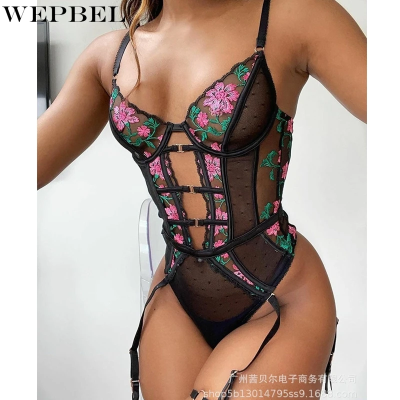 

WEPBEL ажурные боди на бретелях-спагетти Нижнее белье Женские сетчатые кружевные вышитые боди Сексуальные облегающие боди с V-образным вырезо...