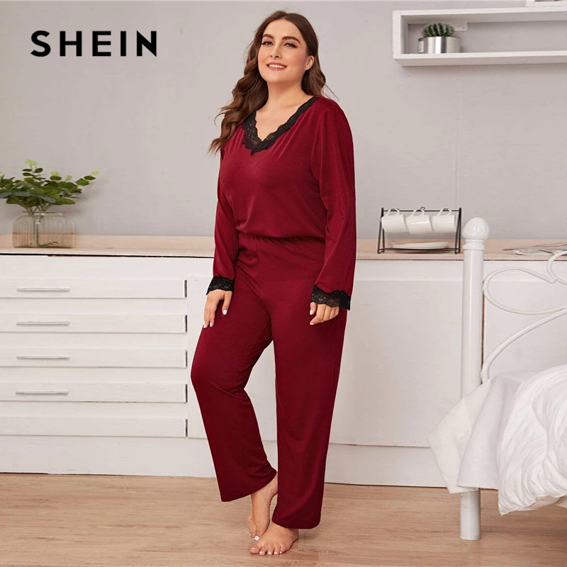 

SHEIN Plus Size Burgundy Lace Trim Top and Pants PJ Set Women Spring Autumn Long Sleeve V-neck Casual Sleepwear Pajama Sets