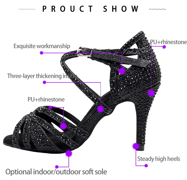 Ballroom Outdoor Dance Salsa Dancing Ladies Purple Social Professional Heel Women Latin Dance Shoes Black Rinestone