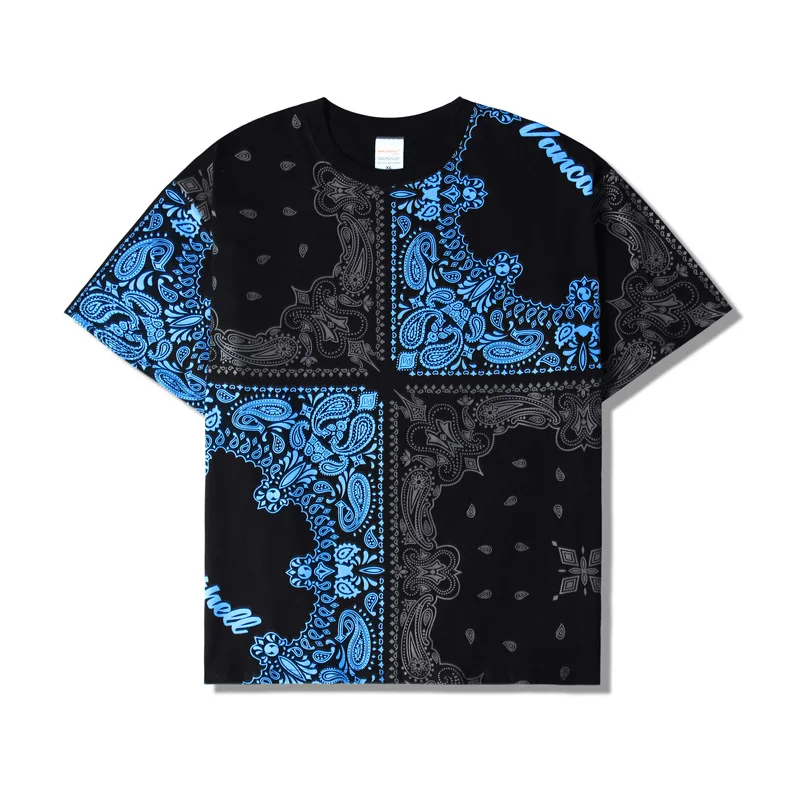 

Chinese Style Personality Stitching Cashew Flower Print Short Sleeve T-shirts Men Women Hip Hop Streetwear Loose Cotton Tees Top