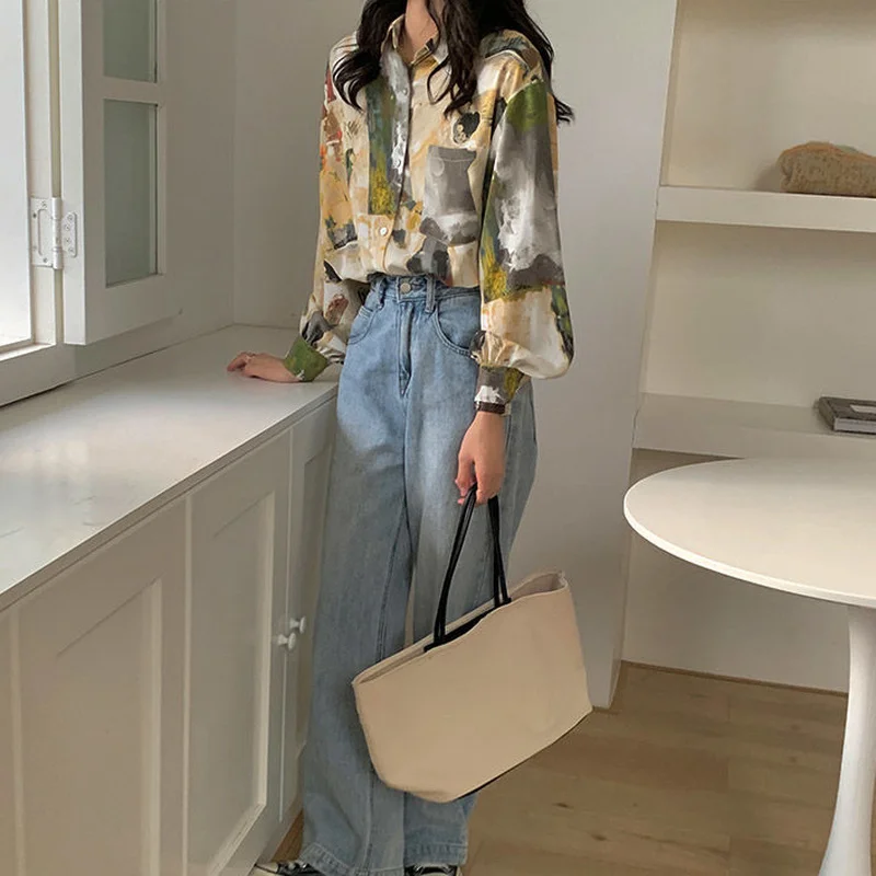 

Shirts Women Chiffon Turn-down Collar Print Stylish All-match Ulzzang Short Sleeve Summer Breathable Ladies Tops Gentle Girl New