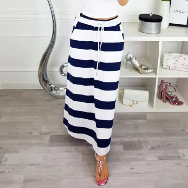 Женская длинная юбка в полоску синяя или красная повседневная до середины икры