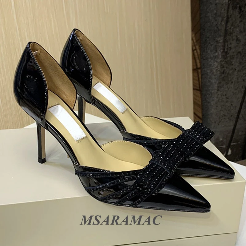 

2021Pink suede Butterfly-knot inlaid crystal high heel sandals leather pointed toe hollow high heels elegant female dress shoes