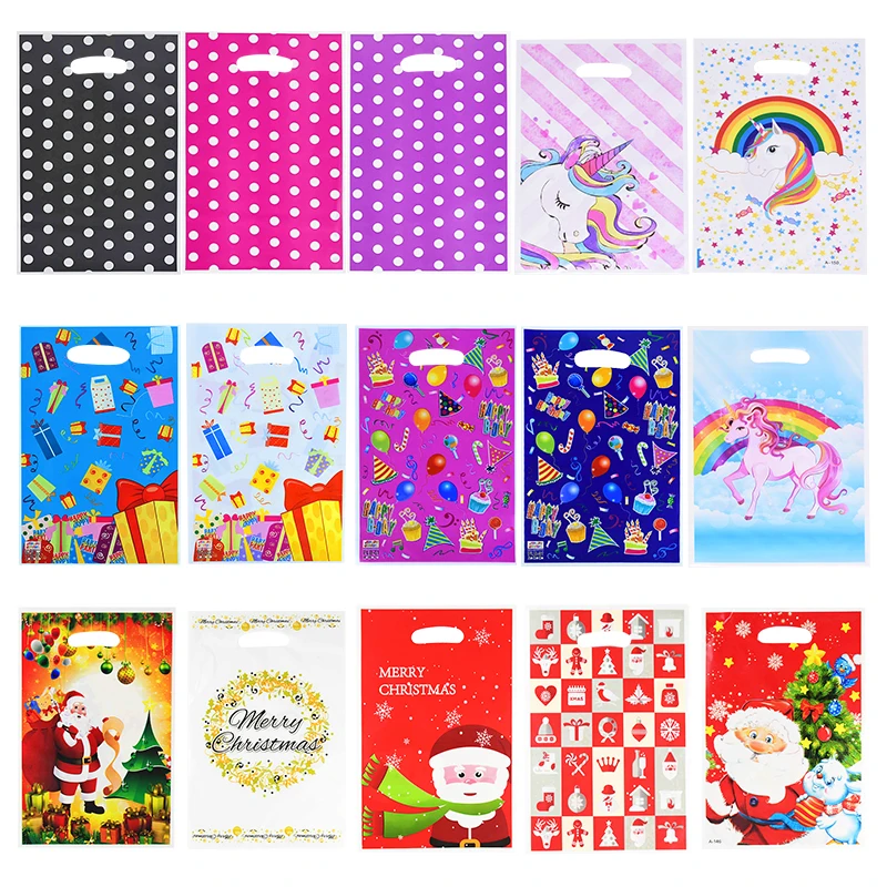 

10pcs/lot 17*25cm Gift Bag Cute Unicorn Dot Strip Plastic Bag for kids Birthday Party Supplies Wedding Party Decor Set Candy Bag
