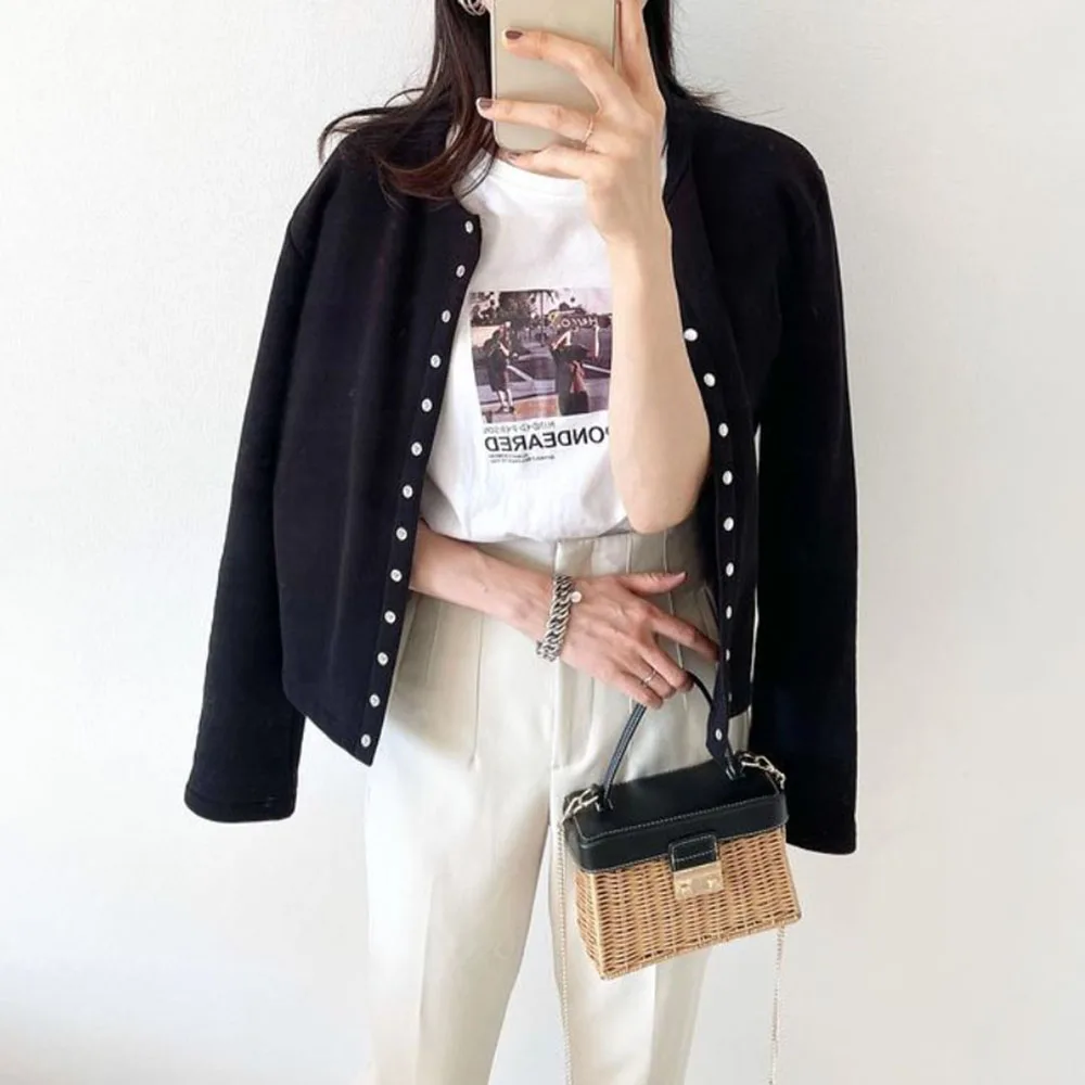 

Single Button Long Sleeves Thin Ladies Fashion Round Neck Short Length Jacket Coat Cardigan Girls Spring Autumn Short Overcoat