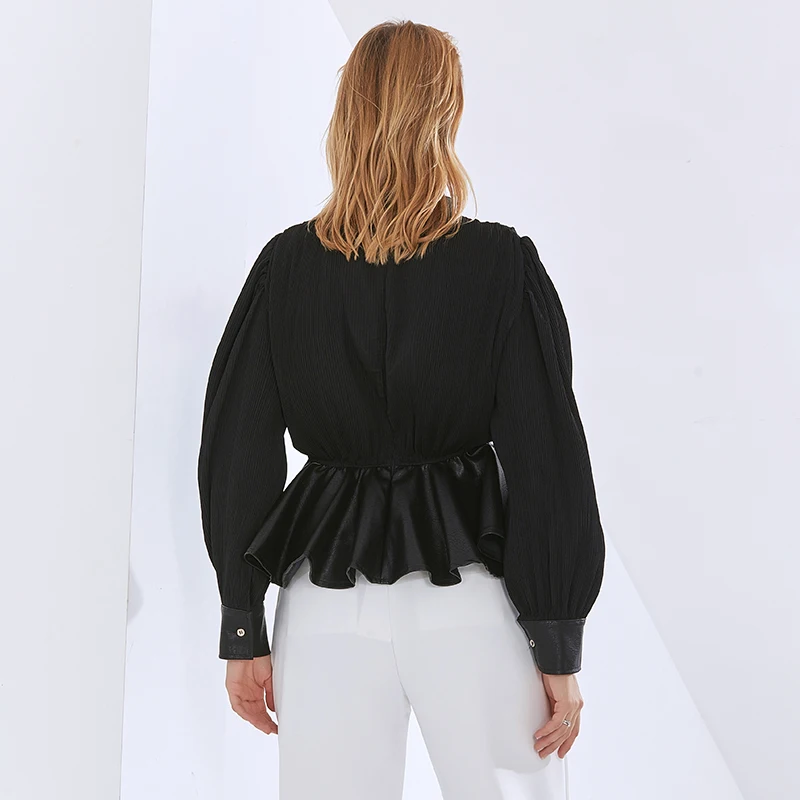 

TWOTWINSTYLE White Patchwork PU Shirt For Women Stand Collar Long Sleeve High Waist Elegant Blouse Female Fashion New Clothing