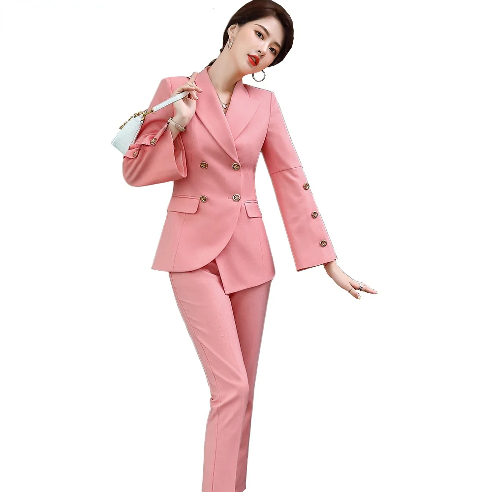 

women double breasted pant suit plus size 5XL girl 2 piece set casual purple pink blue red blazer suit new coat jackets and pant