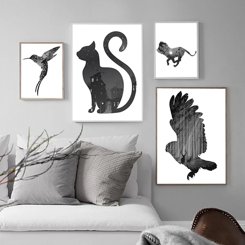 

Nordic Elephant Horse Bird Cat Animals Silhouette Poster Abstract Art Print Wall Picture Canvas Painting No Framed Home Decor
