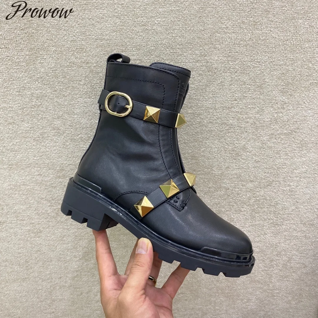 

Prowow Newest Hot Sale Marten Boots Genuine Leather Ankle Boots Woman Rivet Decora Boots Round-Toes Square Heels Boots