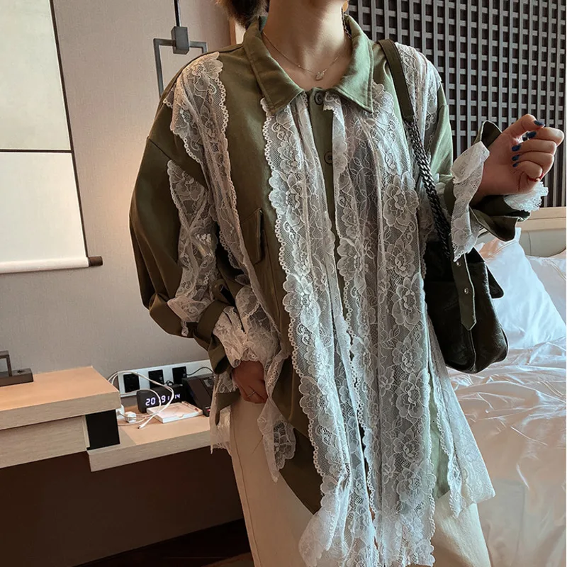 LANMREM Лоскутная кружевная рубашка для женщин 2020 Весенняя мода новый свободный