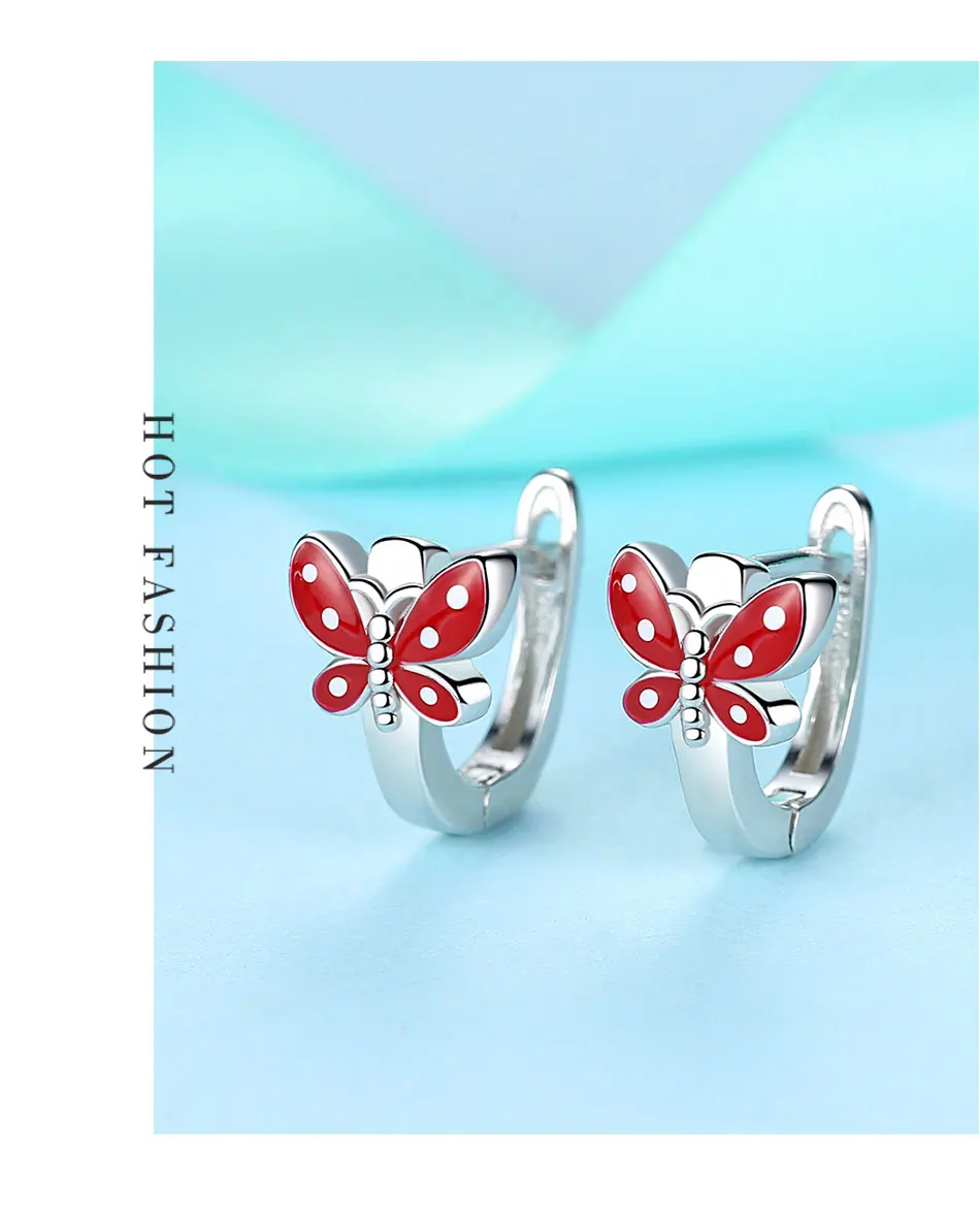 Детские серьги гвоздики в виде бабочек из серебра 925 пробы с красной