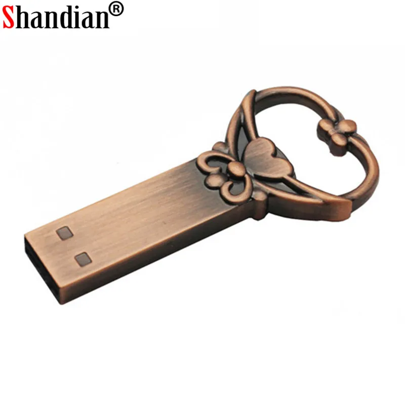 SHANDIAN copper love heart shaped key usb flash drive pendrive pen 4gb 16gb 32gb 64GB metal keys memory Stick wedding gift | Компьютеры и