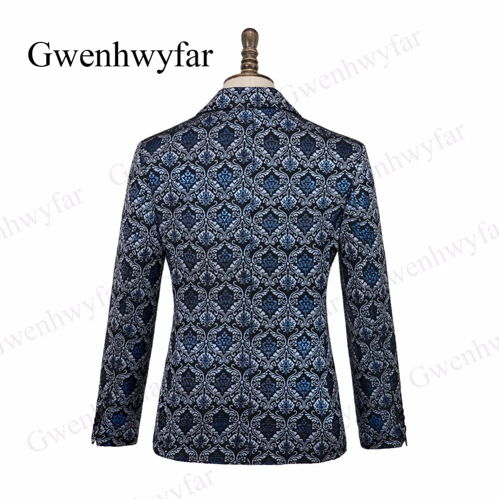 Gwenhwyfar мужской модный двубортный костюм синий цветочный Jacqaurd высококачественные для жениха костюмы для вечеринки Выпускной сценический костюм певица