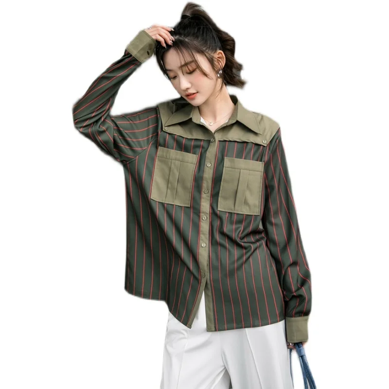 

LANMREM 2021 New Fashion Striped Shirts Women Long Sleeve Turn Down Collar Tops Pockets Ladies Shirts Blouse Clothes 2D1370