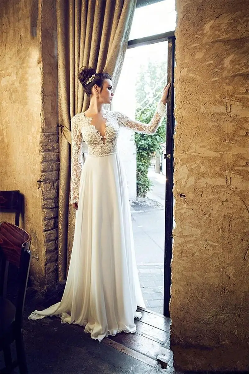 

Женское шифоновое платье с открытой спиной, кружевное платье с V-образным вырезом и длинным рукавом, платье невесты со шлейфом, 2018