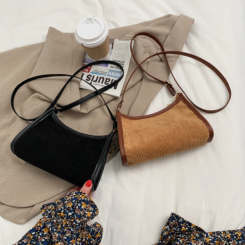 

Fashion Exquisite Shopping Bag Solid Color Underarm Bag Zipper Corduroy Shoulder Bag Ladies Retro Messenger Bag