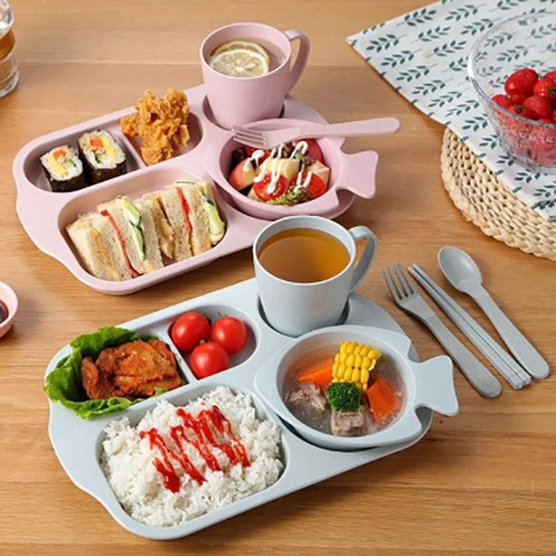 ONEUP Wheat Straw Children's Dinner Plate Bowl Cup Set Lunch Divider Cartoon Baby Anti-fall Tableware | Дом и сад