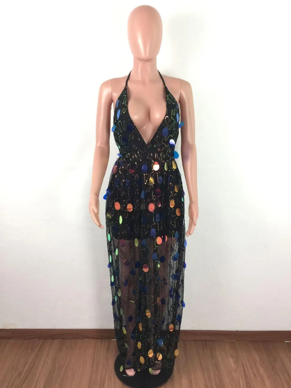 

2019 Fashion Elegant Party Sequin Long Dress Women Halter Backless Sexy Club Dresses Mesh Patchwork Deep V White Vestidos Black