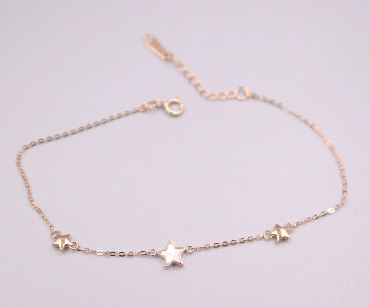 

Real 18K Rose Gold Bracelet Width 6mm Stars And Rolo Link Chain 16+3cm For Woman