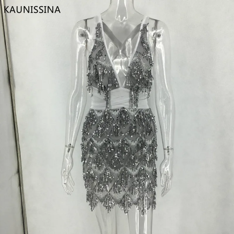 KAUNISSINA Блестками Bodycon Коктейльные мини платья Глубокий v образный вырез спинки
