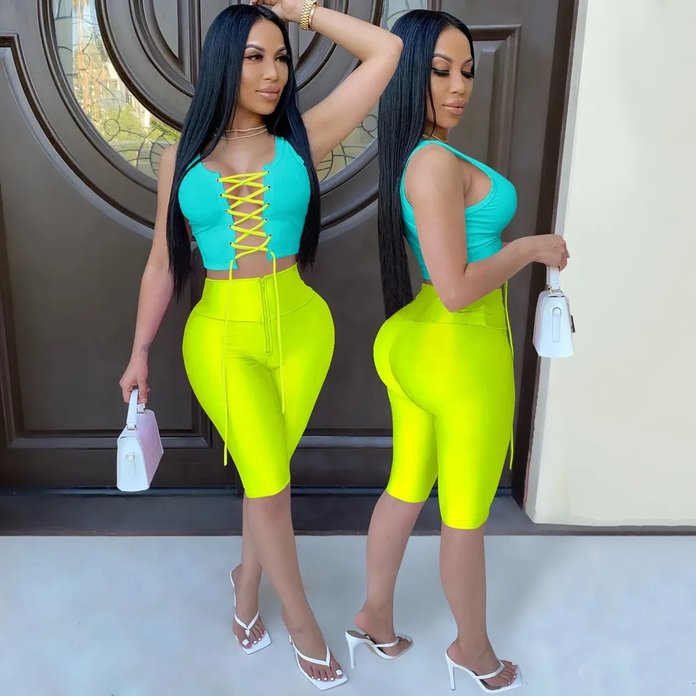 

Sexy Bandage Outfit Cut Out 2 PCS Set Women Tank Sleeveless Crop Top + Neon Biker Shorts Ladies Sexy Club Outfits Matching Sets