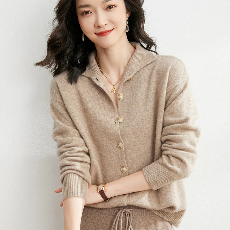 Ladies Jacket Autumn And Winter New Korean Pure Wool Cardigan Soft Knitted Lapel Sweater Loose Wild Button Chic Solid Color Top