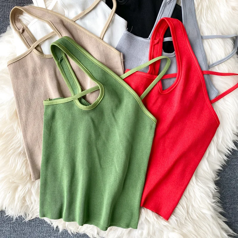 

Майка женская трикотажная на бретельках, пикантный облегающий топ с перекрестным вырезом, однотонная зеленая уличная одежда, лето