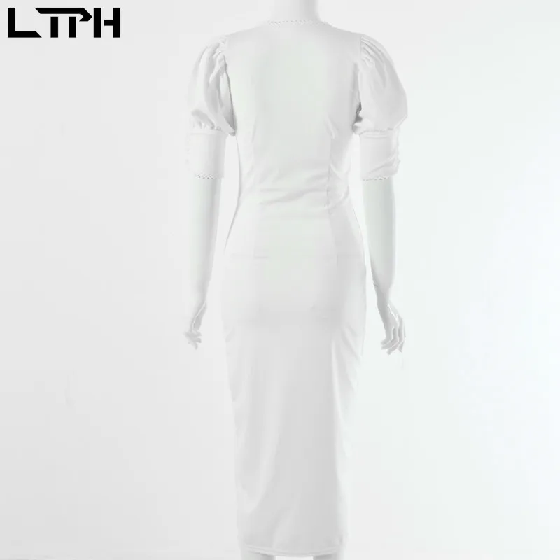 

Hot sale 2019 Autumn New women dress half Puff sleeves V-neck classic Single-breasted Hollow Solid Sexy pencil bag hip dresses