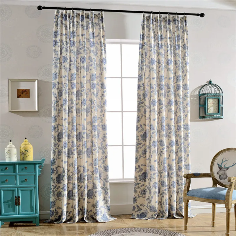 

Blue Flower Printed Kitchen Curtains with Cotton and Polyester Fabric Jinya Home Decoration Bedroom Living Room Window Curtain