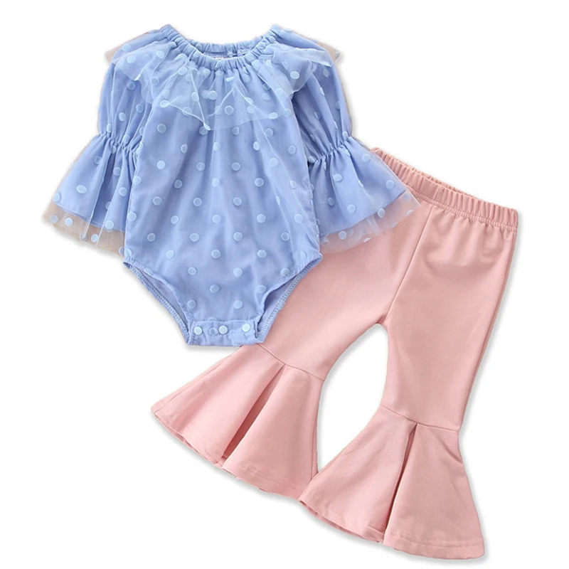 

Toddler Girl Clothes Spring Baby Girl Clothes Kids Suit Children's Clothing Polka Dot Mesh Blue Romper + Pink Flared Pants Set