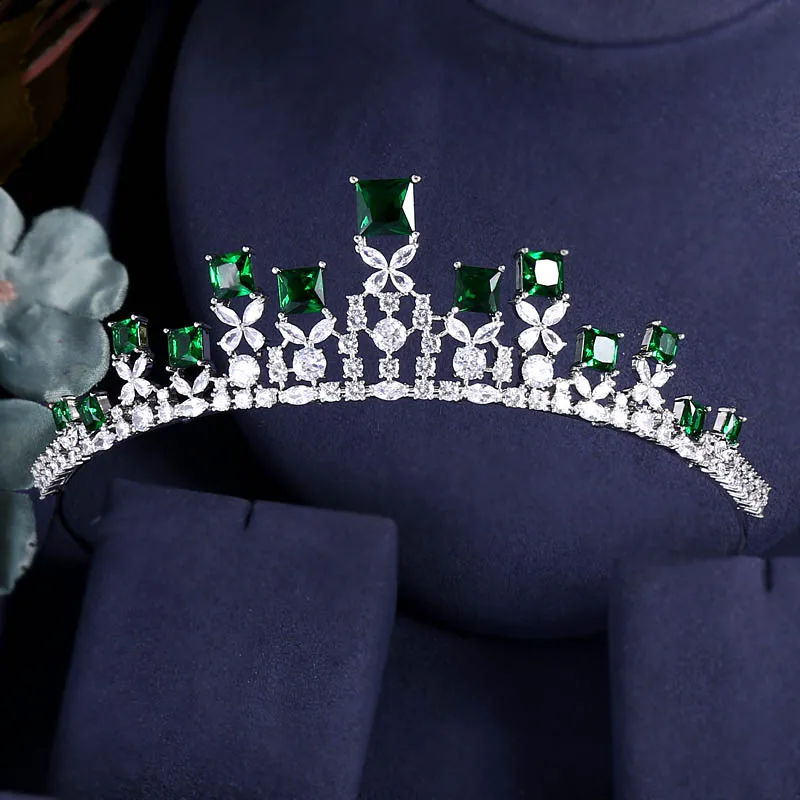 Janekelly зеленая Корона Свадебные головные уборы с кубиком циркония оптовая продажа