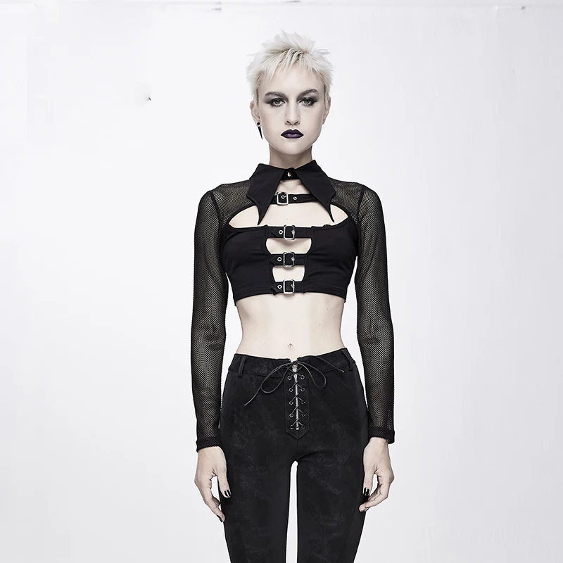 Punk Gothic Tshirt Women Black Short Mesh Top Hollow Out Sexy Shirt Metal Straps Patchwork Turn Down Collar