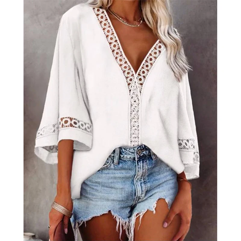 

Women Deep V-Neck Three Quarter Sleeve T Shirt Ladies Solid Hollow Out Lace Tops Casual Loose Shirt Summer Clothes For Women