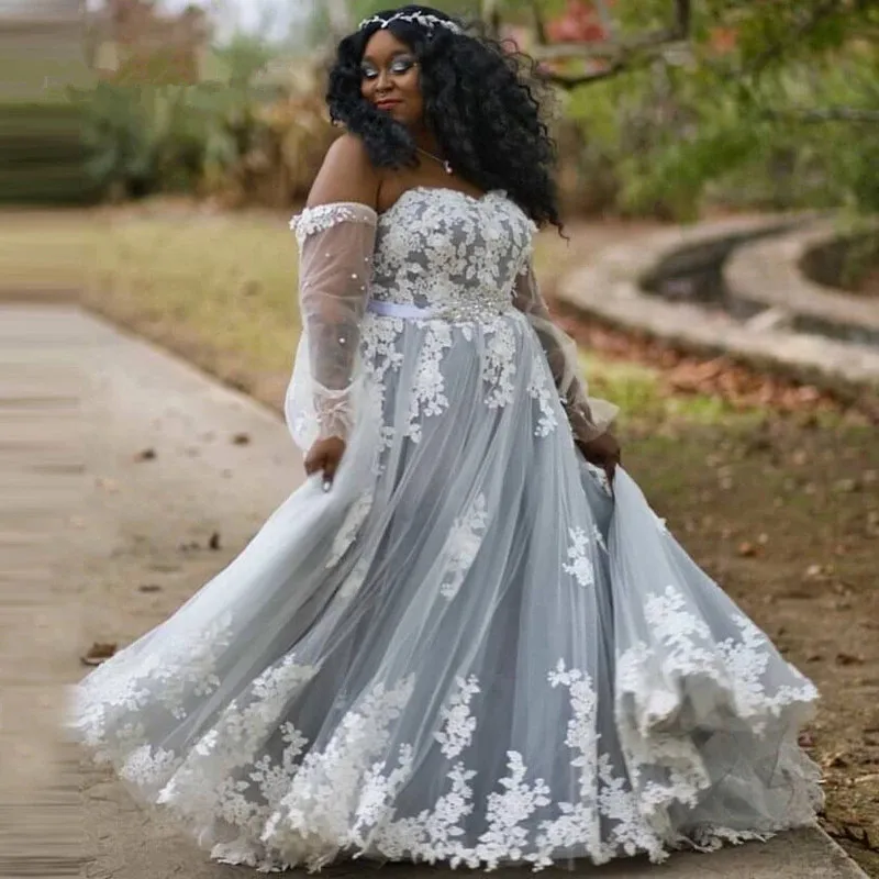 

Long Sleeves Grey Plus Size A Line Lace Wedding Dress 2021 for African Black Girls wedding gown bridal gown Vestidos De Novia