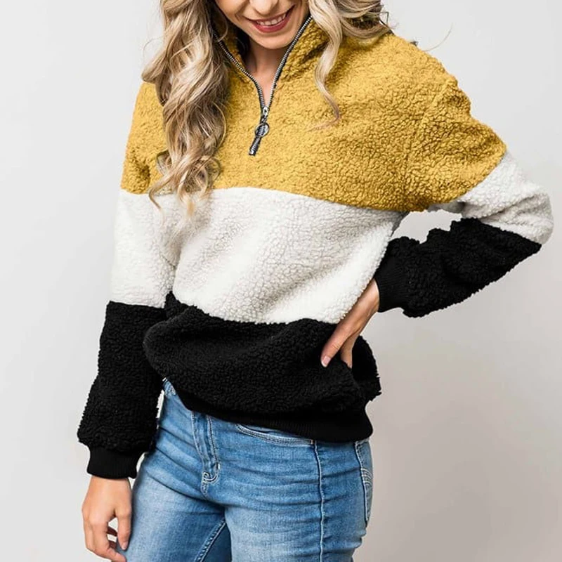 ELSVIOS 2XL Women Zipper Turtleneck Warm Sweatshirt Patchwork Hoodie Autumn Winter Long Sleeve Tops Jumper Femme Fleece Pullover | Женская