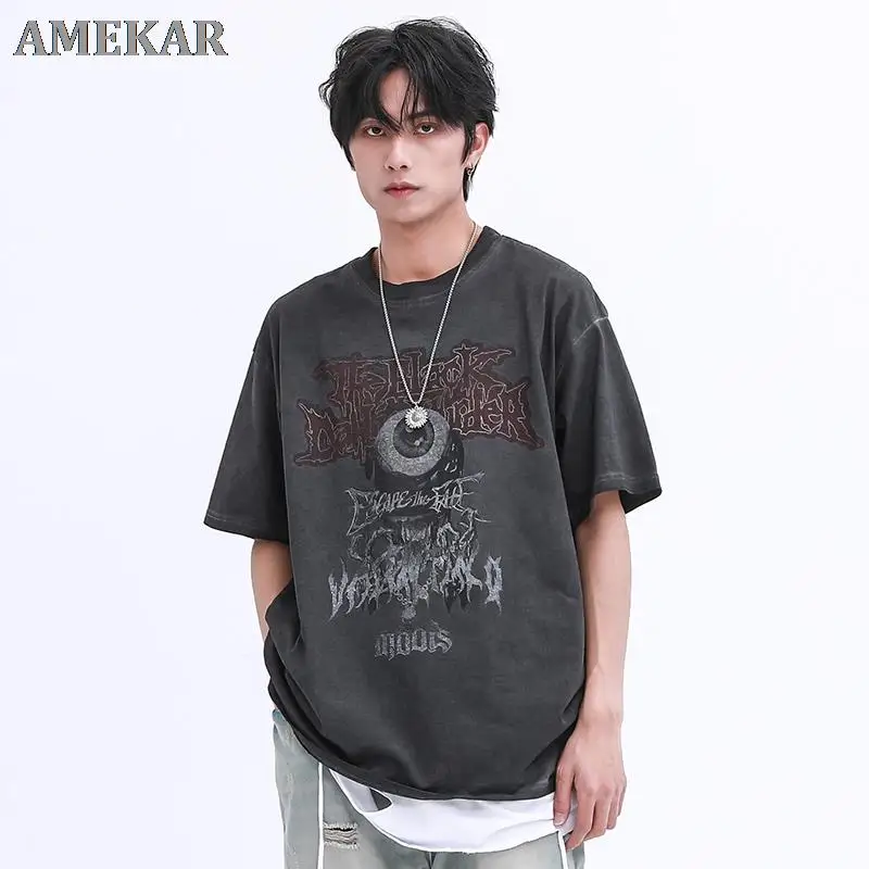 

Men T Shirt Hip Hop 2021 Dark Streetwear Tshirt Evil Eye Print Harajuku Summer Short Sleeve T-Shirt Cotton Tops Tees Oversize