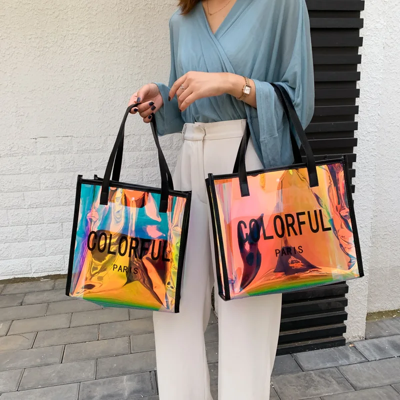 

Ladies Fashion Transparent Laser Holograpic Tote Handbag Wallet Clear PVC Jelly Composite Bag Set Shoulder Messenger Beach Purse