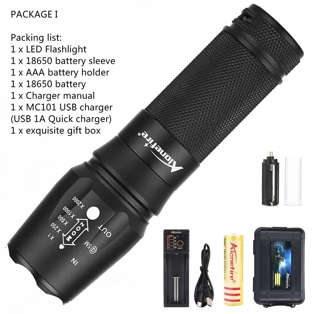 X800 flashlight I AloneFire X800 CREE XM-L T6 L2 светодиодный фонарь с зумом, фонарь для работы, походный прожектор, AAA 18650 26650, перезаряжаемый аккумулятор - Испускаемый цвет: X800 flashlight I