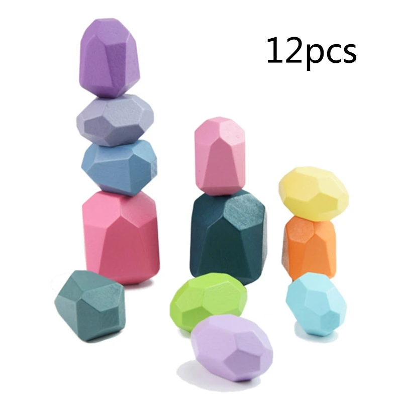 

12 Pcs Children Wooden Colored Stone Stacking Game Building Block Kids Toys Gift