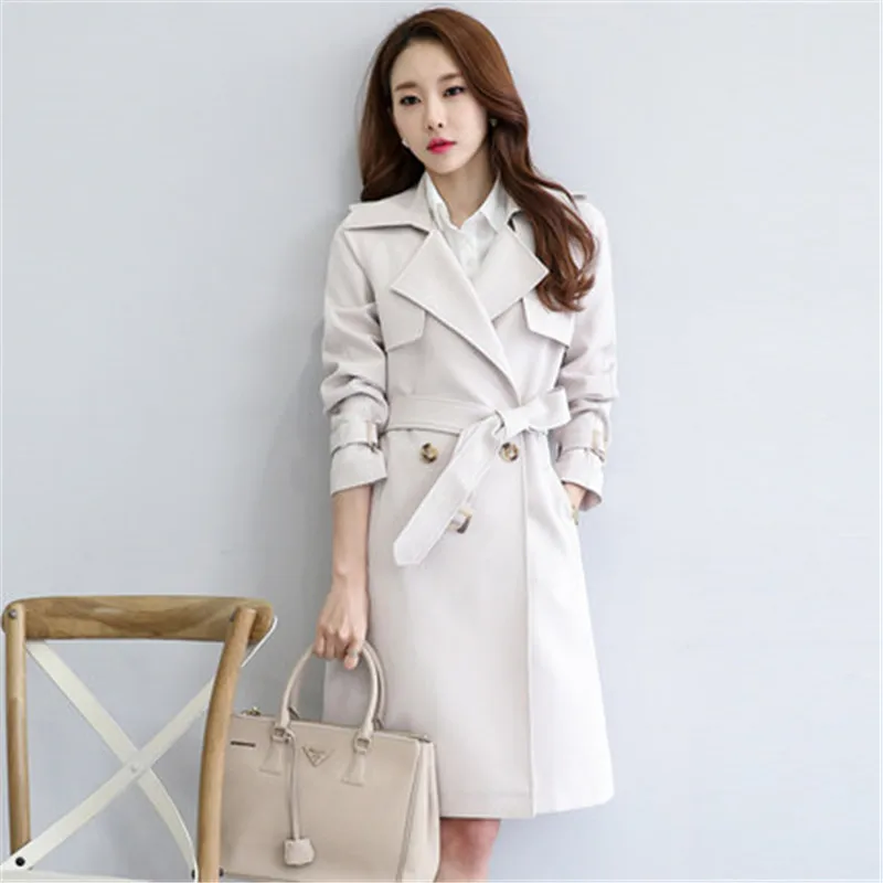 

2020 new Spring Autumn Long Trench Coat Ol white-collar Korean Women's Windbreaker fashion Slim Pure Color Overcoats b404