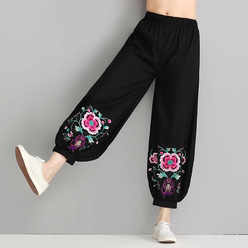 Женские винтажные шаровары с цветочной вышивкой брюки эластичной талией