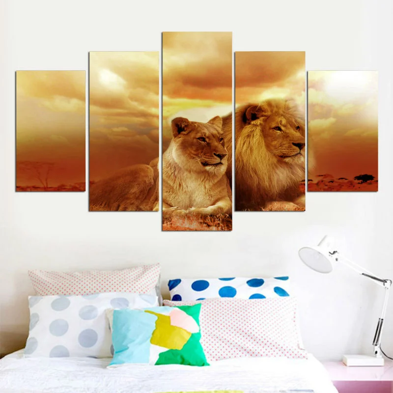 Wall Art Холст Картина 5 Панель животных Львы закат пейзаж HD с модульные абстрактные