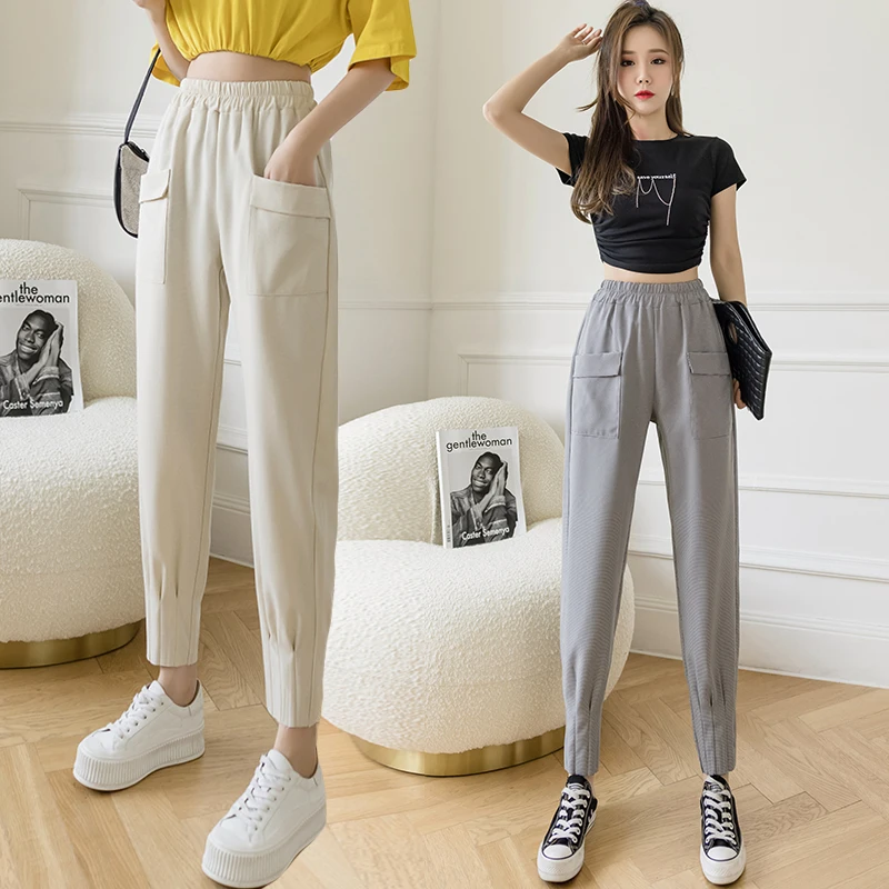 

New 2021 Fashion Summer Spring Autumn Harem Ankle-Length Pants for Women Grey Apricot Leisure Street Elastic Waistband Trousers