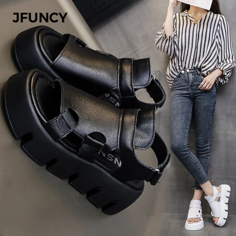 

JFUNCY Women Sandal Retro Woman Shoes Rome Slope Heel Velcro Solid Suede Shoe Summer White Black Thick Bottom Women's Sandals