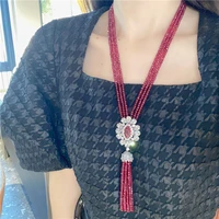 22 3 strands red jade necklace red crystal cz pave pendant