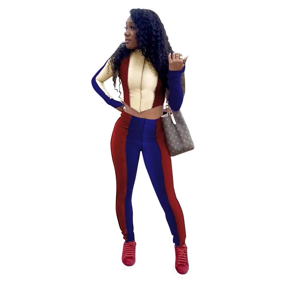 

Contrast Color Patchwork Bodycon Outfits Women's Clothing 2021 Trendy Turtleneck Long Sleeve Crop Top+skinny Legging Sweatsuits
